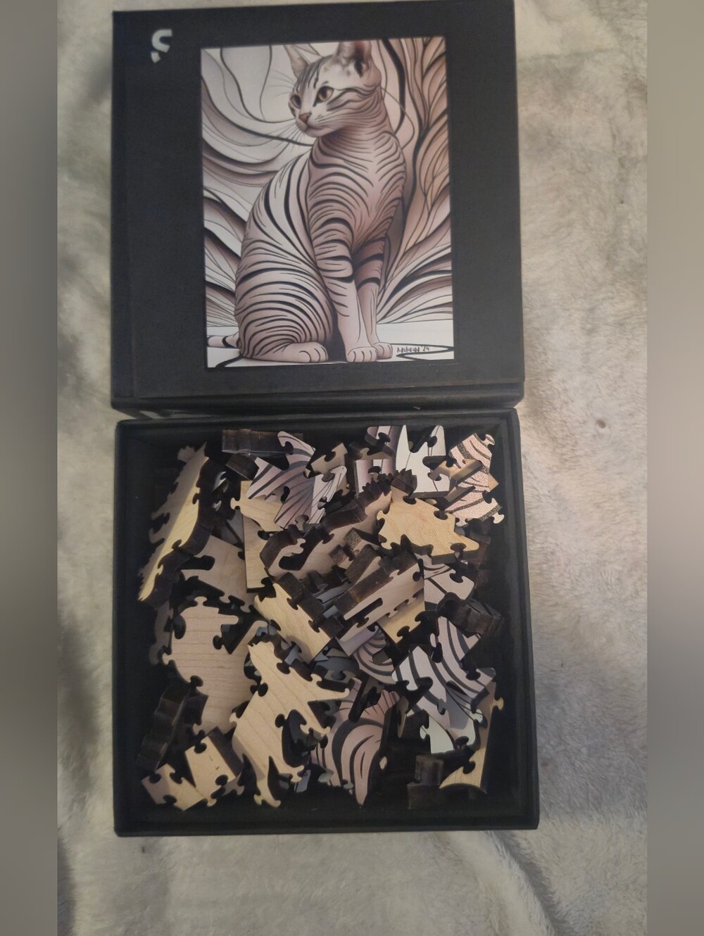 Cat Illustration Wooden Puzzle - Black Box